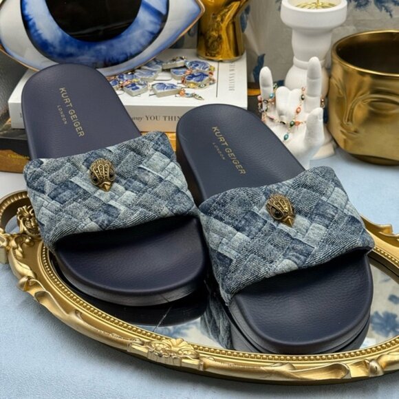 🆕 KURT GEIGER LONDON 🧿 NWOB Blue Denim Meena Eagle Slides, Sz EU 40.5 US 9.5 - Picture 4 of 14